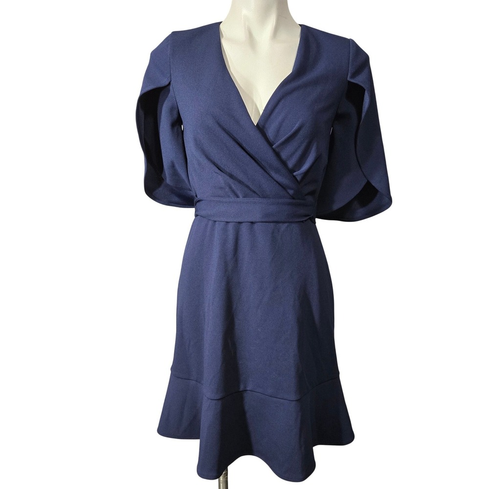 DKNY dress Blue Wrap V-Neck Cape Sleeve Flounce Hem Dress Size 2